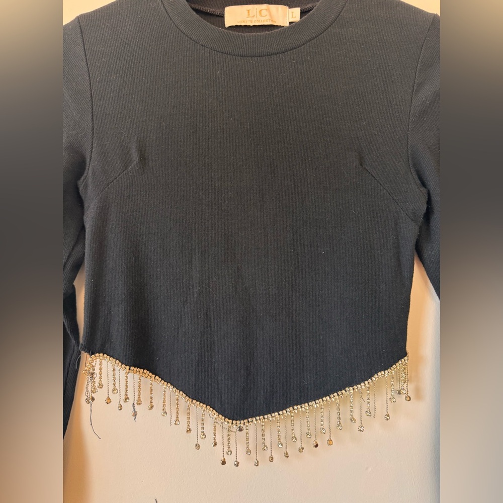 Elegant Black Long Sleeve Top with Beaded Rhinestones Size L - Picture 5 of 6